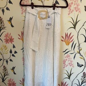 Zara White Eyelet Midi Skirt